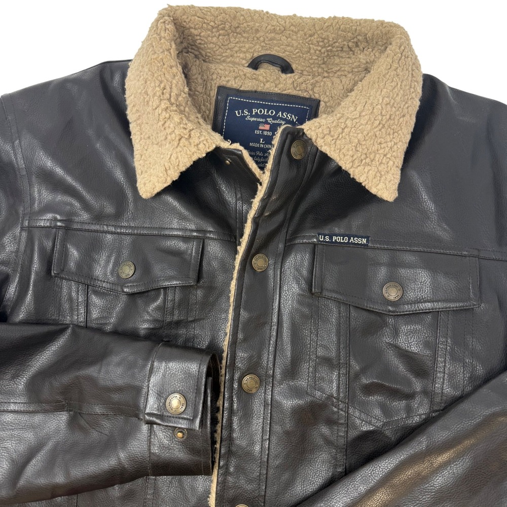 US Polo Assn Mens Large Faux Leather Sherpa Lined Trucker Jacket Brown - Picture 1 of 8